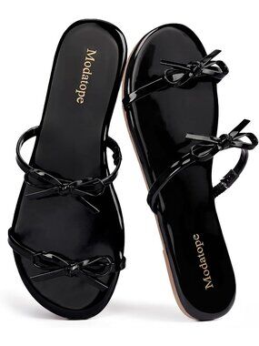 Women's Pat Black Faux Leather Flat Cute Bow Sandal Fashion Slip On Summer Shoes